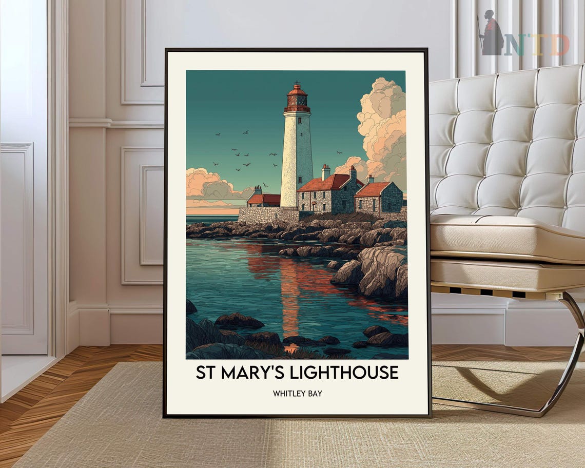 St Mary's Lighthouse Whitley Bay Sunset Reflection Travel Poster