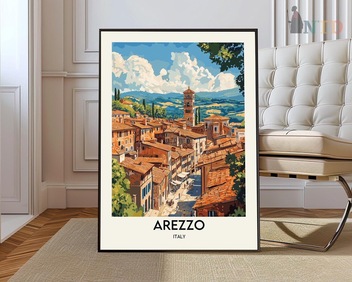 Arezzo Italy Terracotta Hill Town Bell Tower Vintage Travel Poster