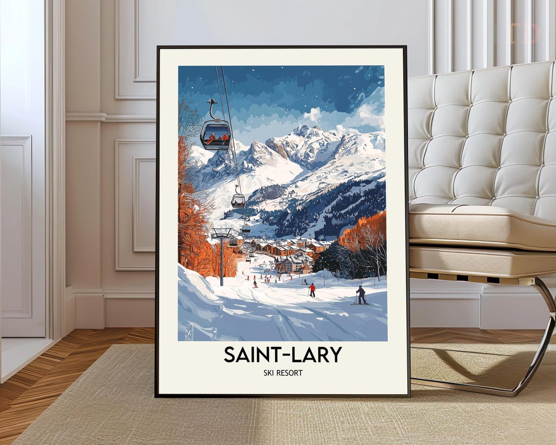 Saint-Lary Ski Resort Gondola Ride Over Village Winter Poster