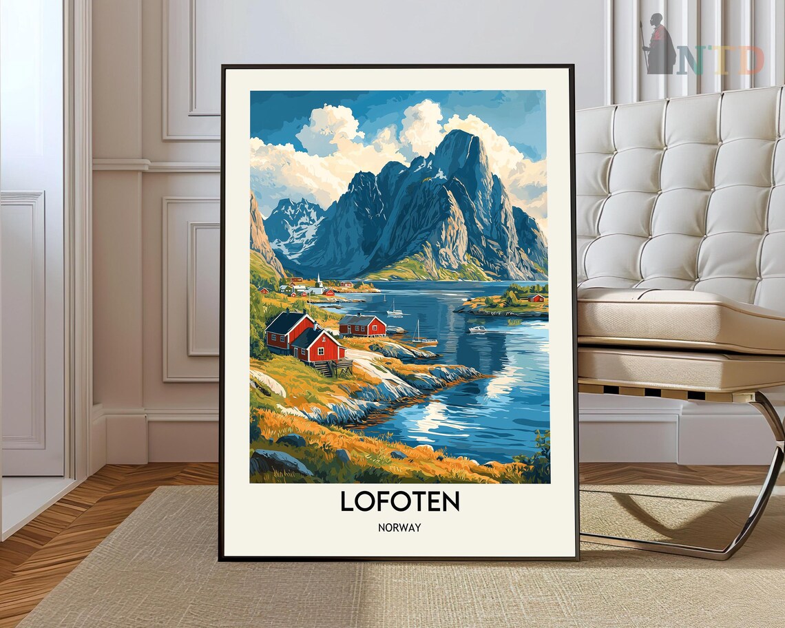 Lofoten Norway Red Cabins Golden Fjord Shores Evening Travel Poster