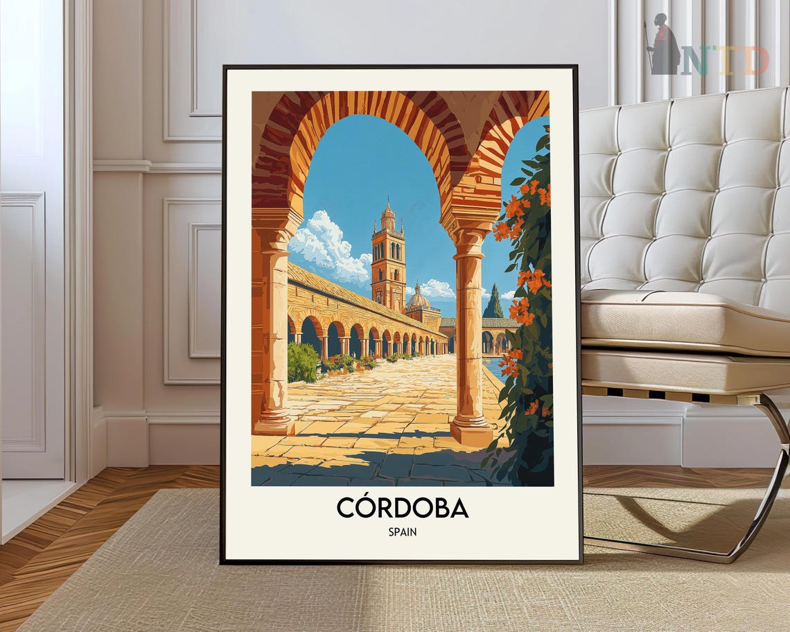 Cordoba Spain Mezquita Striped Arches Courtyard Vintage Poster