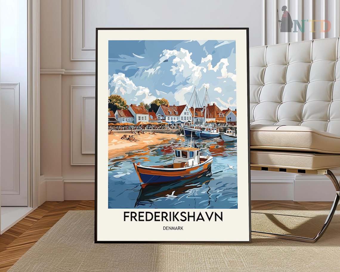 Frederikshavn Denmark Fishing Boat Harbor Beach Vintage Travel Poster