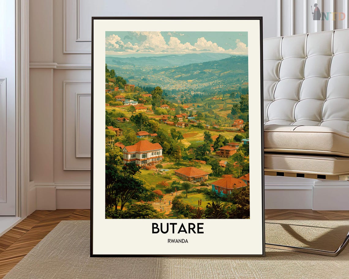 Butare Rwanda Hillside Town Poster Terracotta Roofs Valley Travel