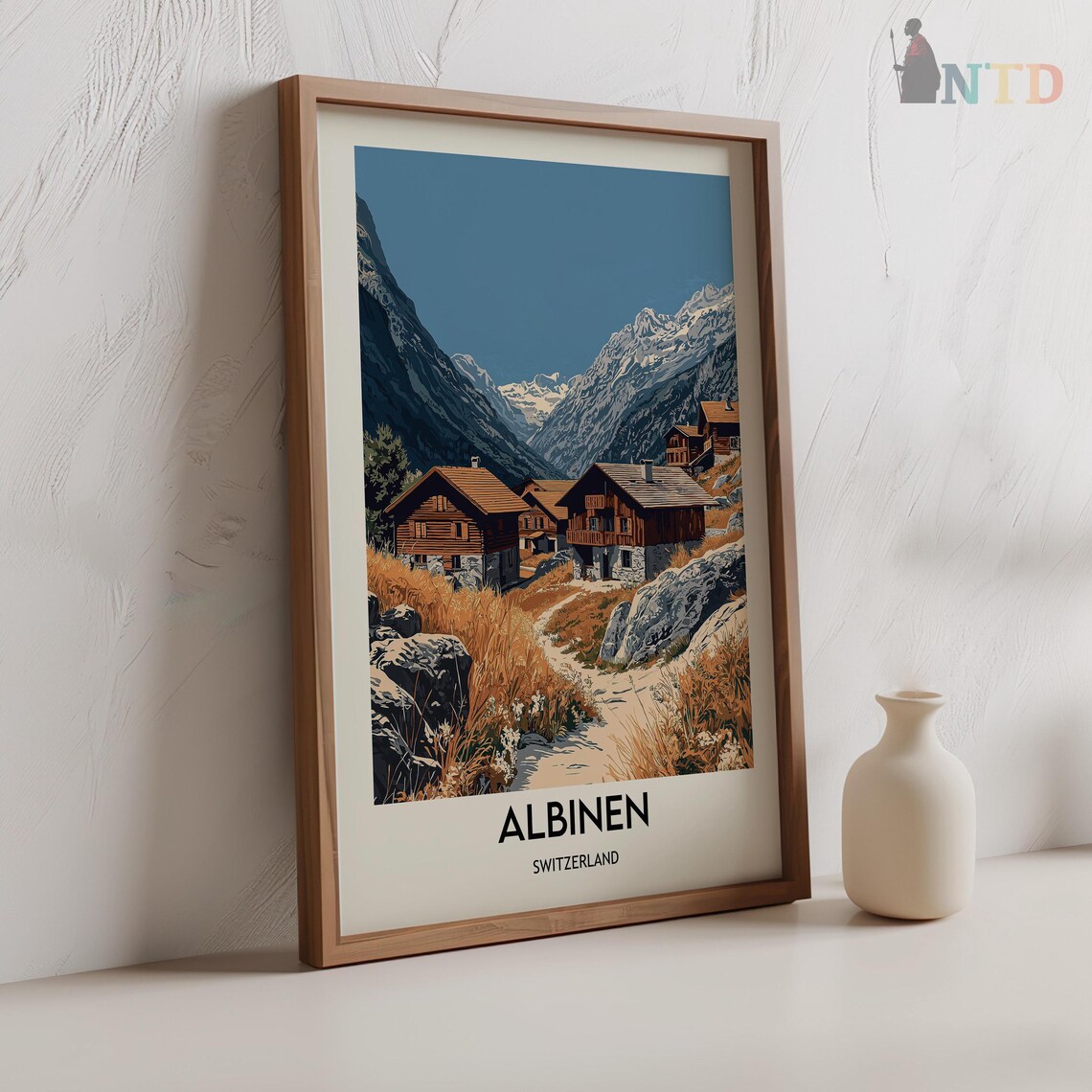 Alpine Chalets Below Snowy Peaks Albinen Switzerland Travel Poster - Image 2