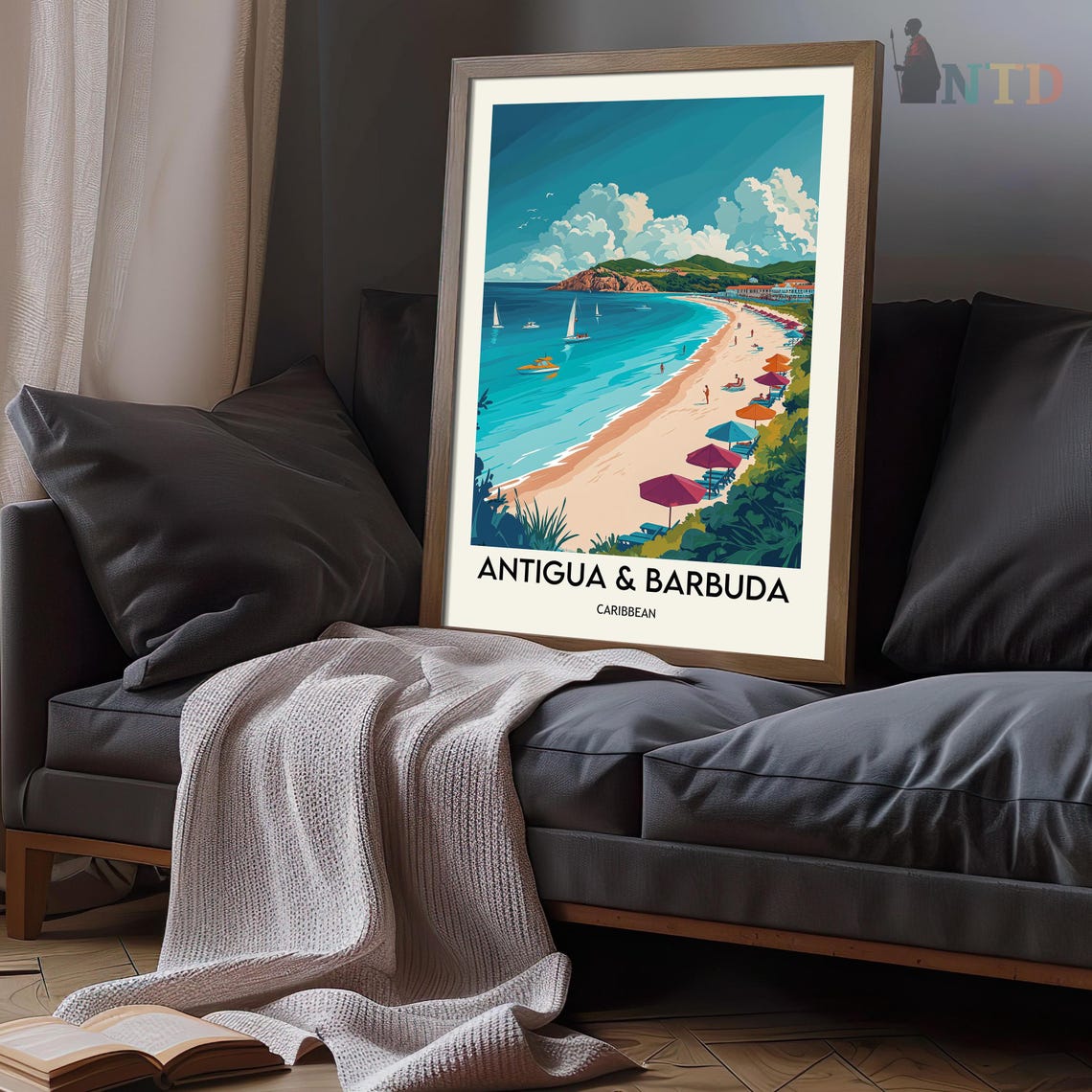 Antigua and Barbuda Colorful Umbrellas Beach Headland Caribbean Poster - Image 2