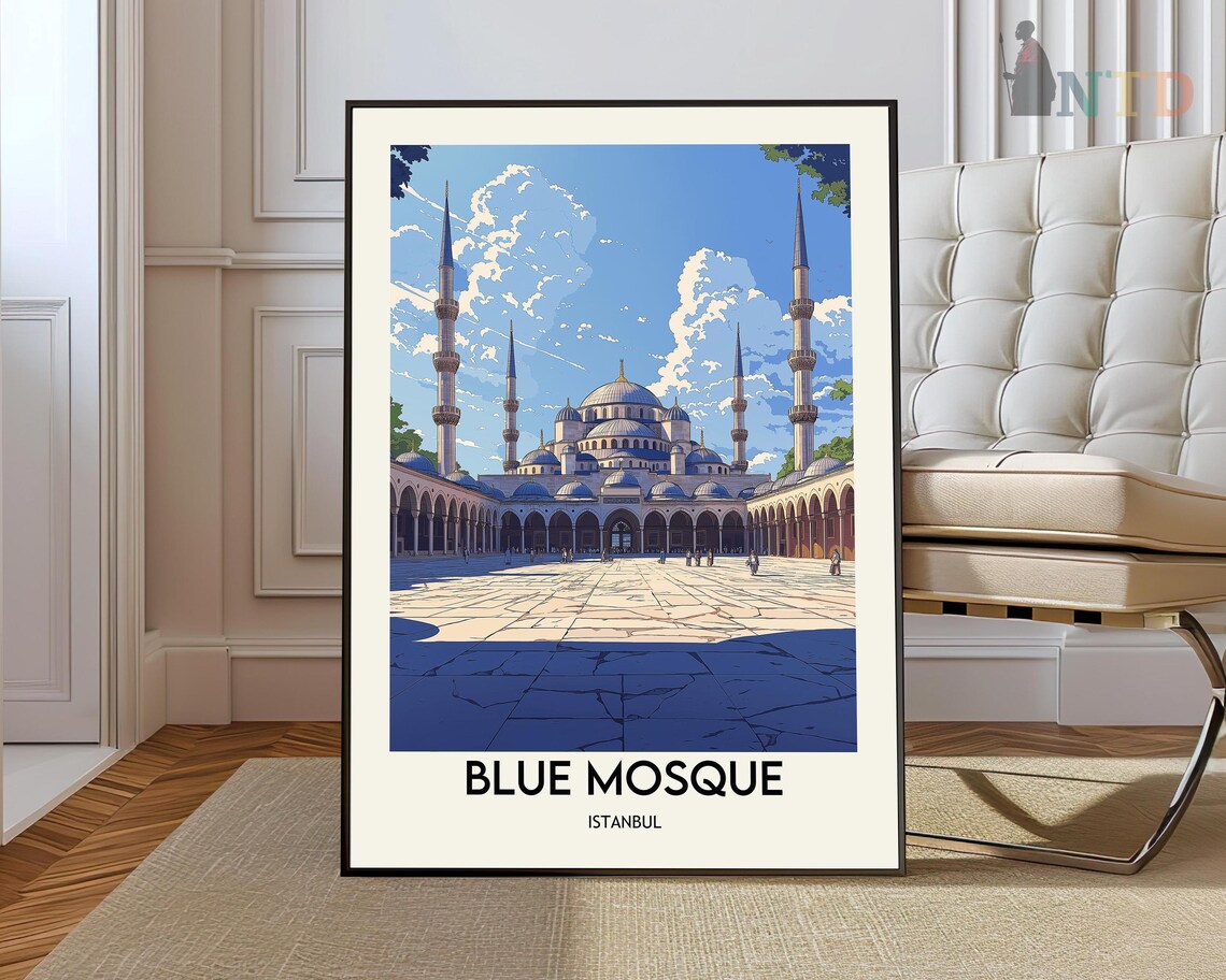 Historic Blue Mosque Istanbul Six Minarets Courtyard Travel Poster