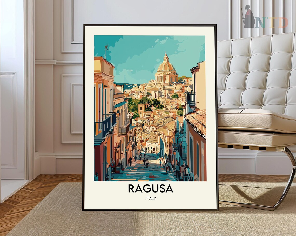 Ragusa Sicily Historic Street With Golden Dome Vintage Travel Poster