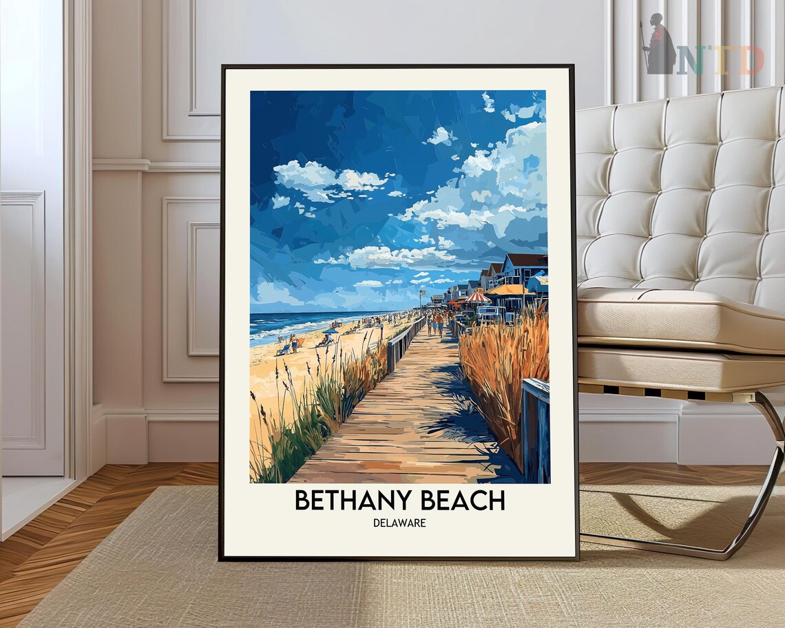 Bethany Beach Delaware Boardwalk Dunes Ocean Travel Vintage Art Poster
