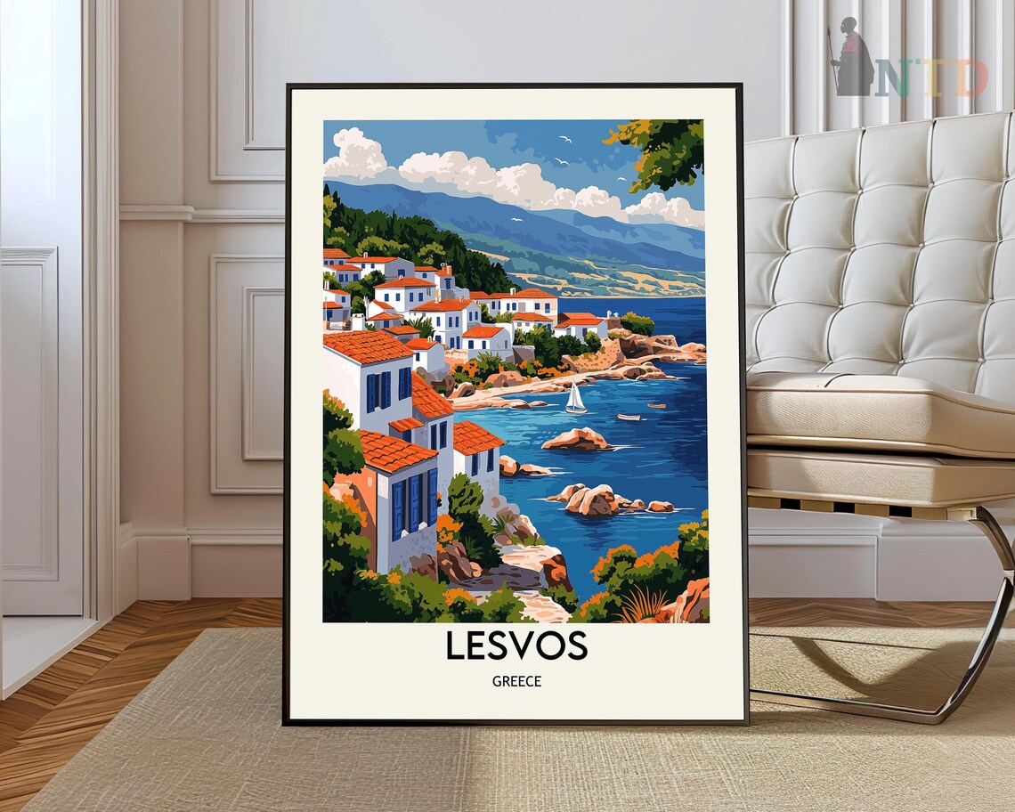 Lesvos Greece Coastal Village Sailboat Mediterranean Travel Poster