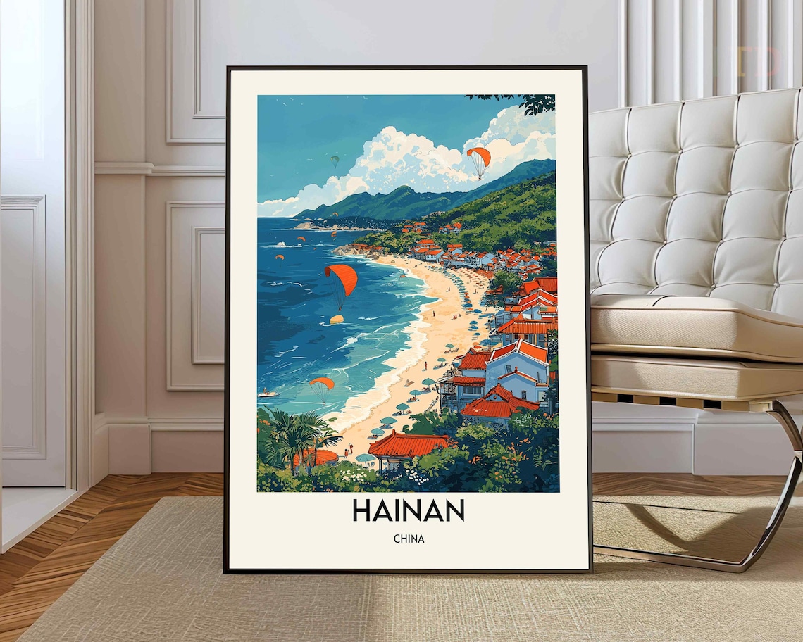 Hainan China Tropical Beach Surfing Travel Illustration Poster