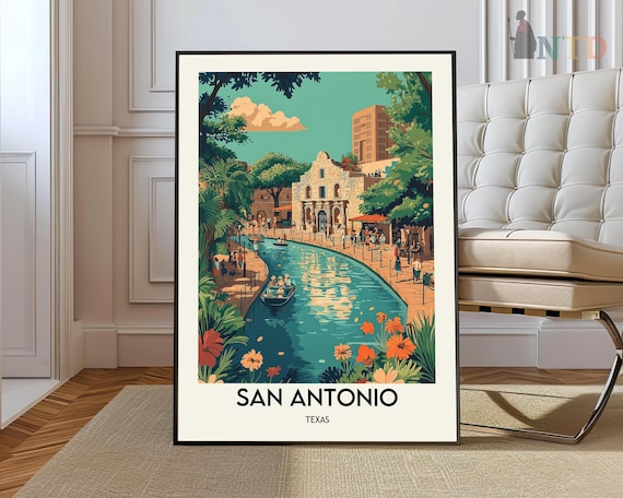 San Antonio Texas River Walk Alamo Landmark Retro Travel Poster