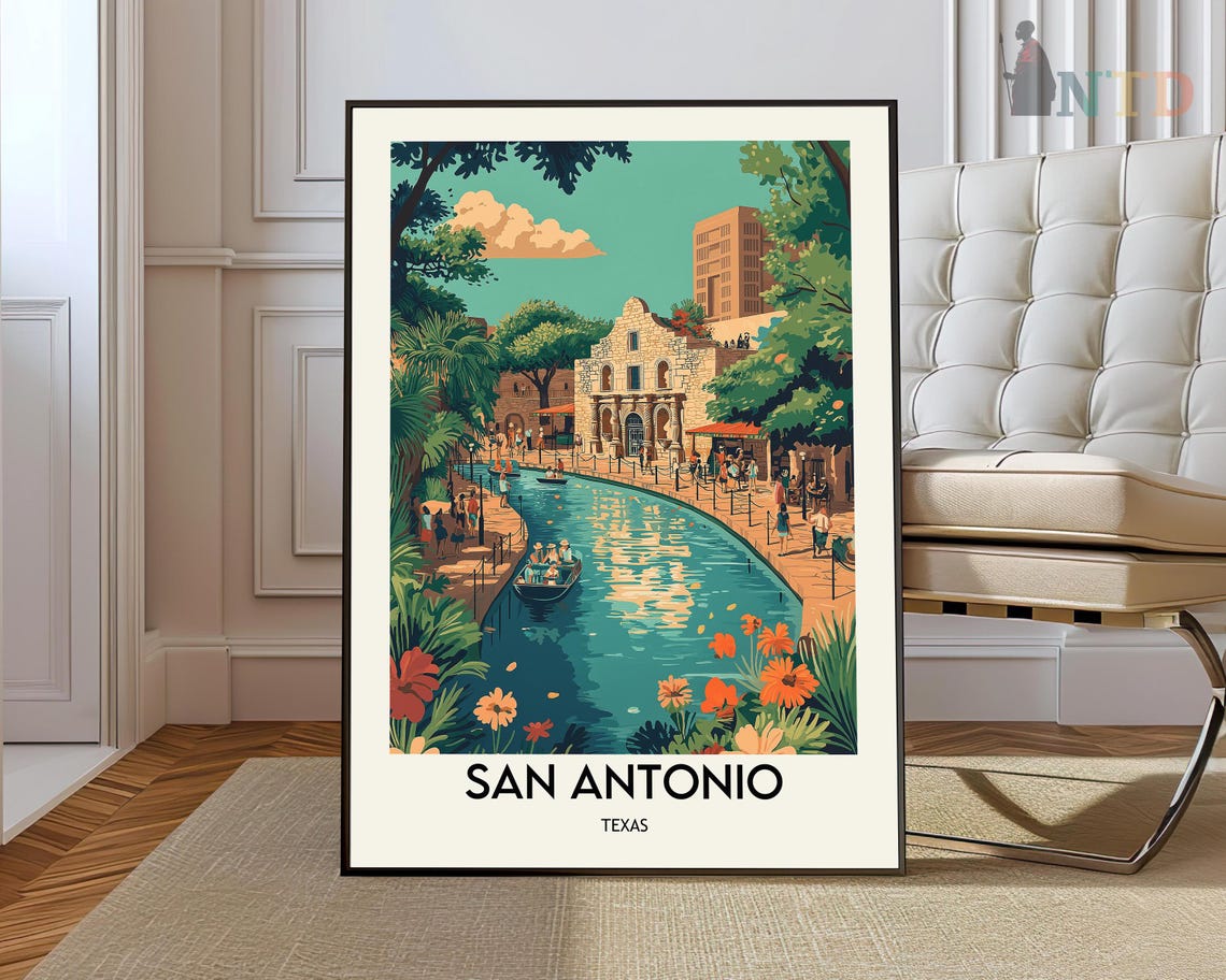 San Antonio Texas River Walk Alamo Landmark Retro Travel Poster
