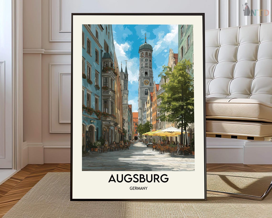 Augsburg Colorful Old Town Cafe Street Germany Travel Poster