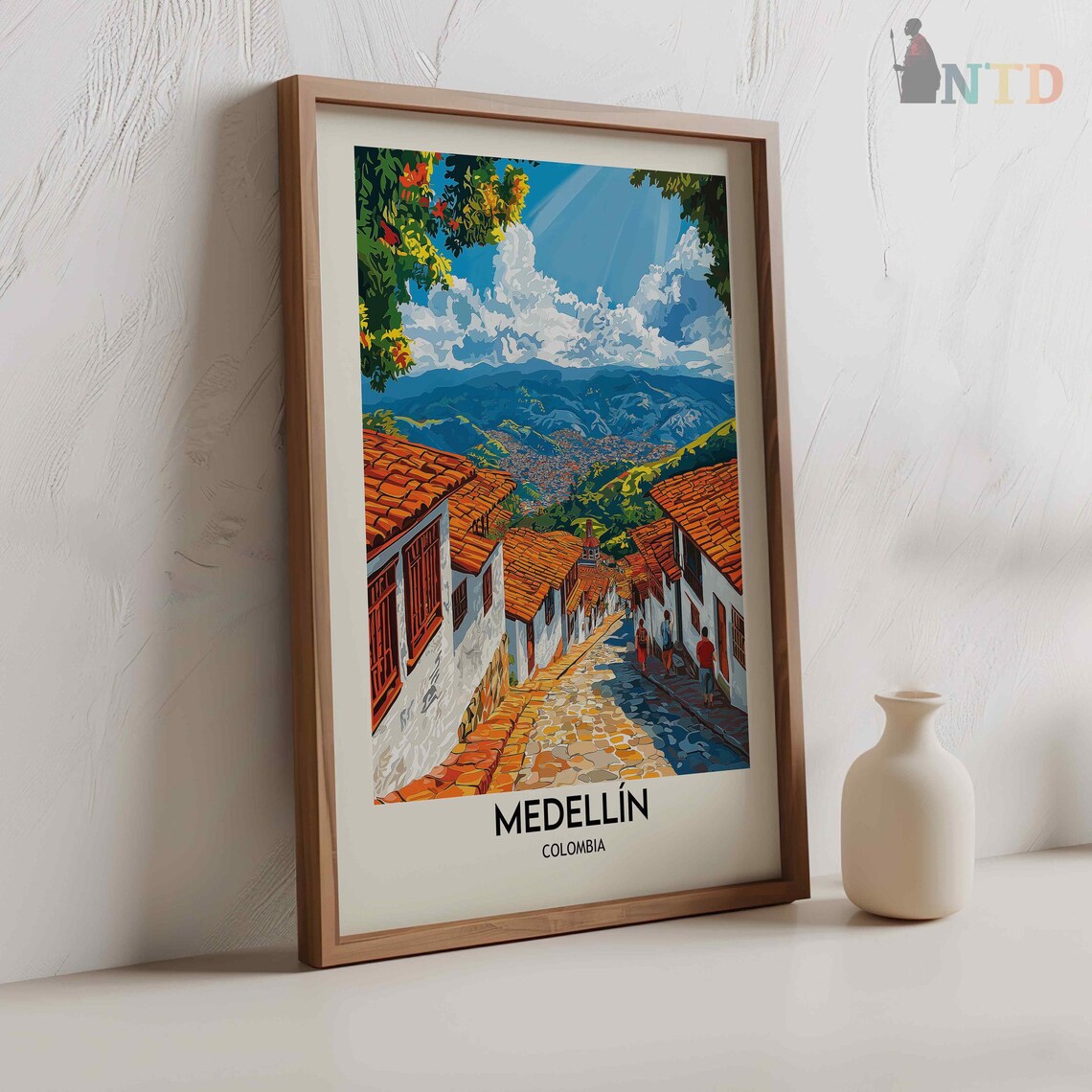 Medellin Colombia Cobbled Hillside Street Valley View Poster - Image 2