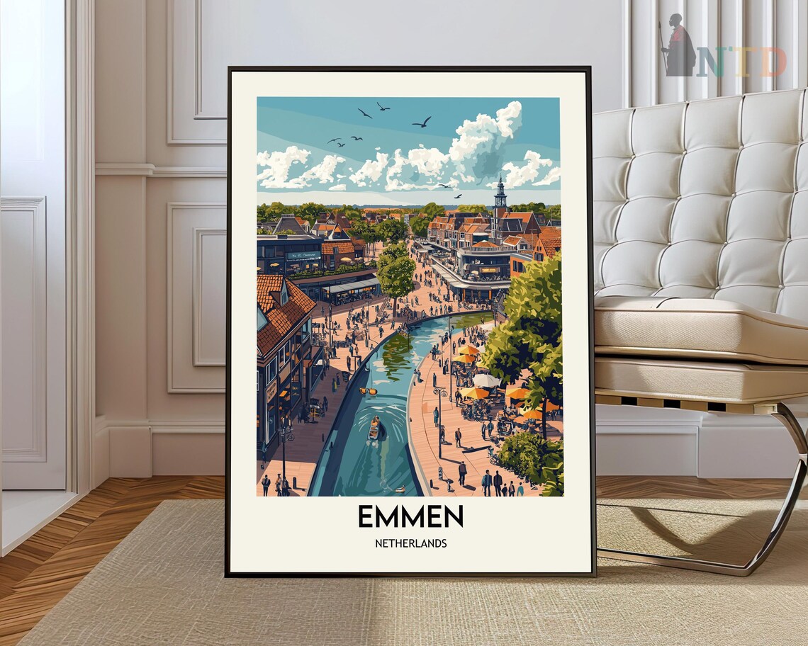 Emmen Netherlands Canal Promenade Travel Poster Dutch Town Scene Art