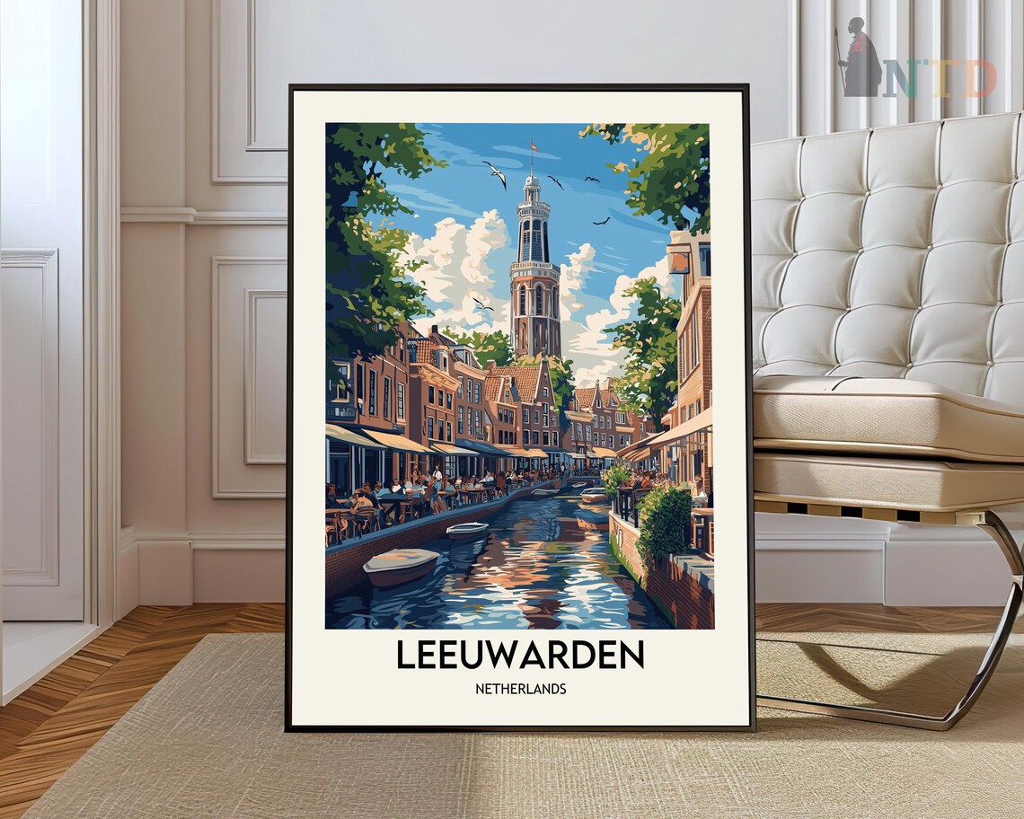 Leeuwarden Canal Tower Terrace Vintage Netherlands Travel Poster