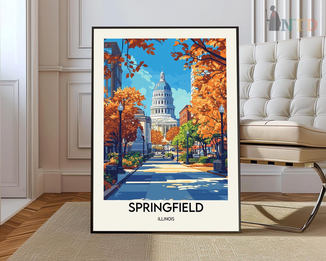 Springfield Illinois Capitol Dome Fall Foliage Street Travel Poster