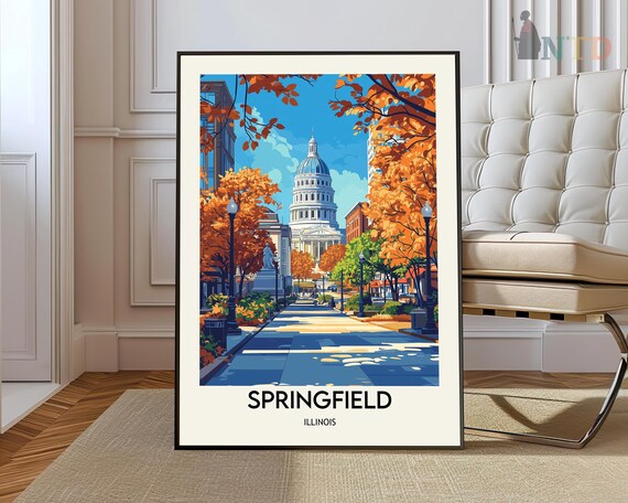 Springfield Illinois Capitol Dome Fall Foliage Street Travel Poster