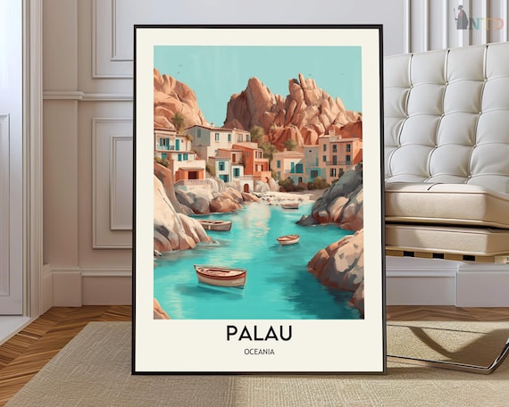 Stunning Palau Oceania Rocky Cove Boats Coastal Village Poster
