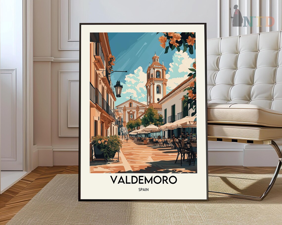 Valdemoro Spain Vintage Church Tower Plaza Illustration Travel Poster