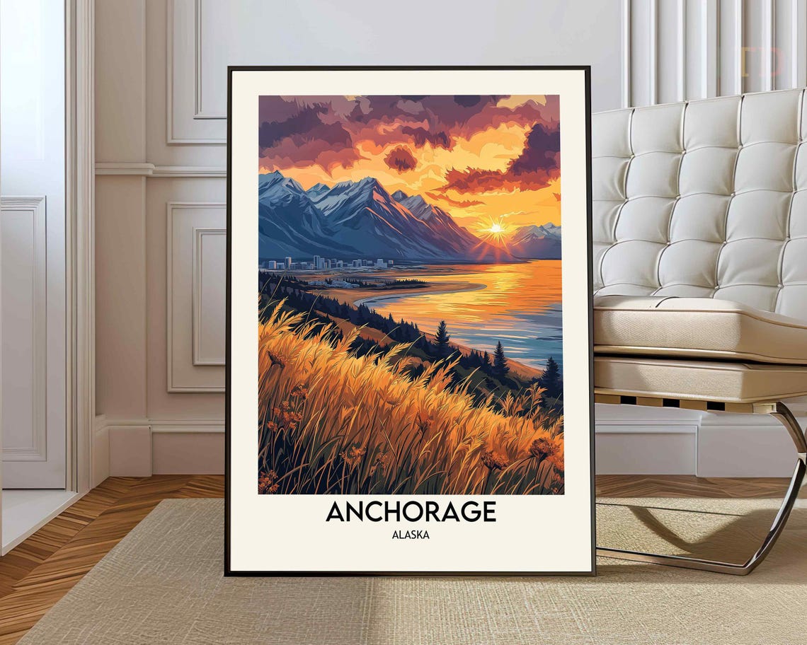 Anchorage Alaska Sunset Bay Chugach Mountains Golden Grass Poster