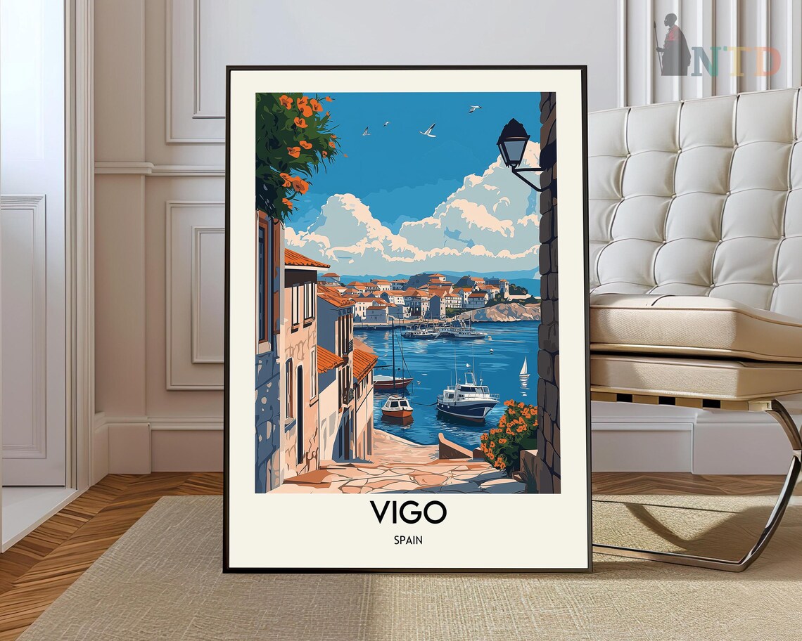 Vigo Spain Retro Travel Poster Harbor Boats Galician Coast Art