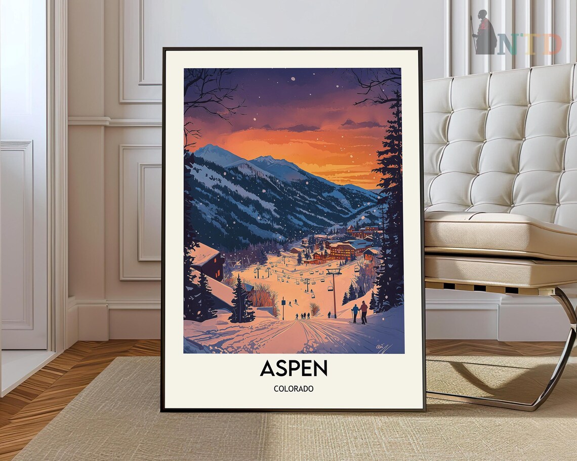 Ski Village Under a Purple Sunset Aspen Colorado Travel Poster