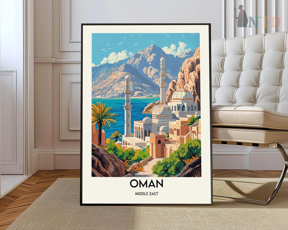 Muscat Oman Coastal City White Mosque Illustrated Travel Poster