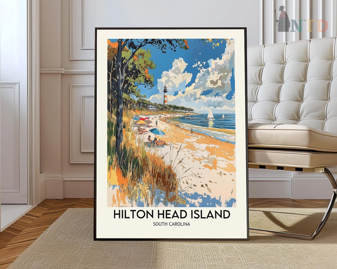 Hilton Head Island South Carolina Travel Poster Beach And Lighthouse Art