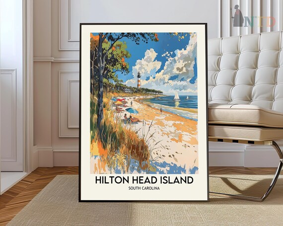 Hilton Head Island South Carolina Travel Poster Beach And Lighthouse Art