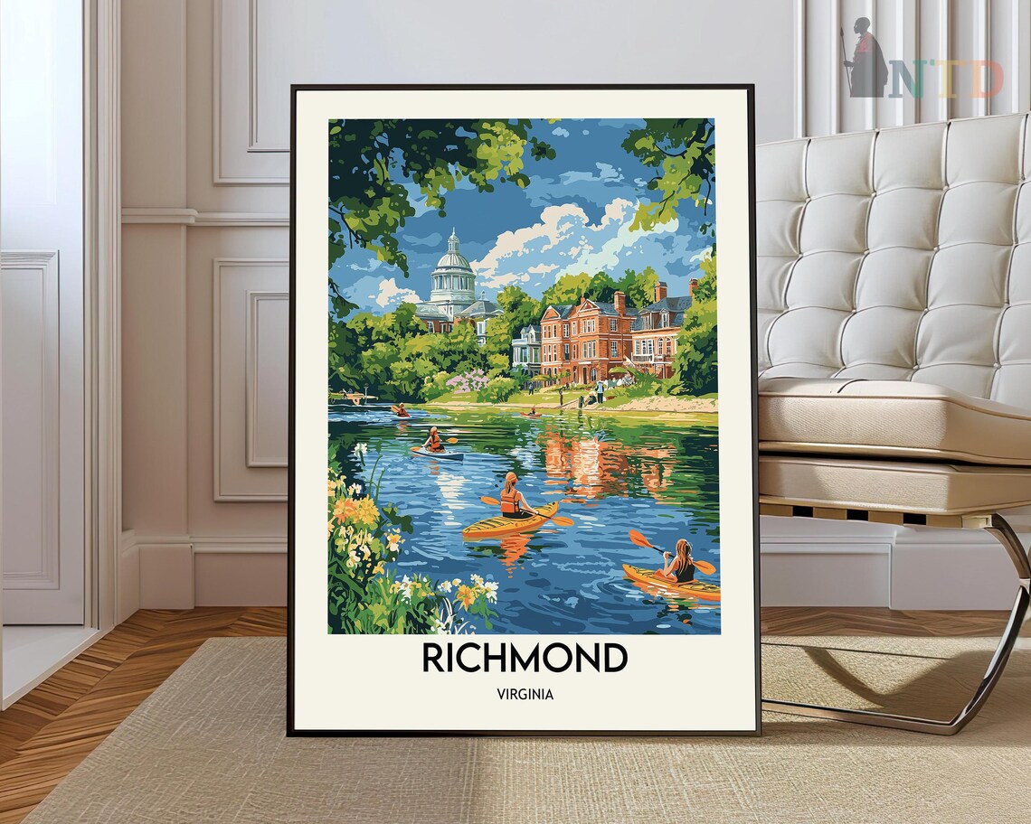 Richmond Virginia Kayakers River Vintage Capitol Travel Poster