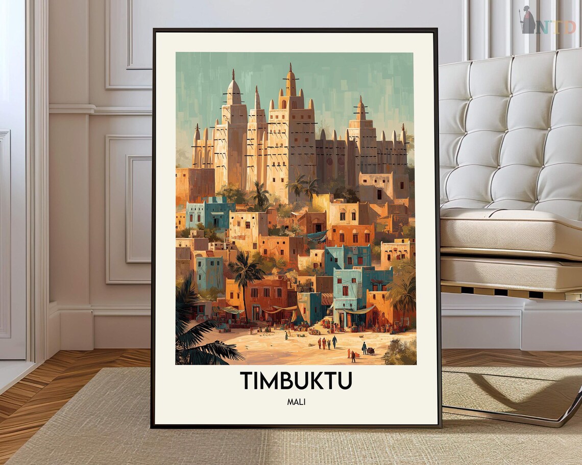 Timbuktu Mali Mud Mosques Old Town Market Vintage Travel Poster