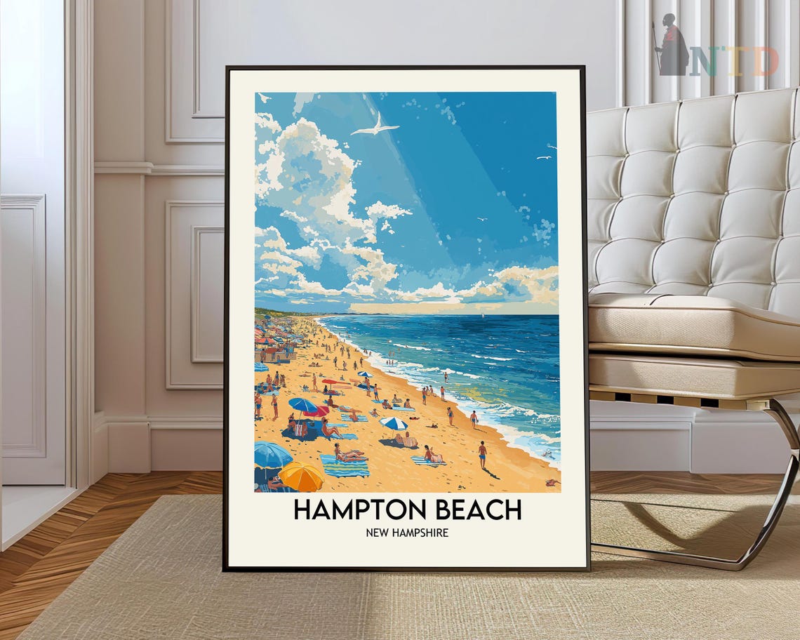 Hampton Beach New Hampshire Sunny Shore Day Vintage Travel Poster