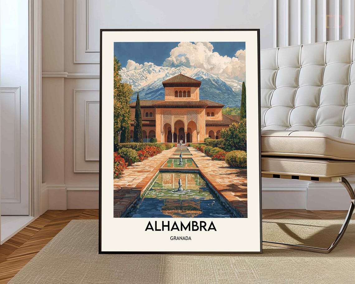 Alhambra Granada Poster Moorish Palace with Fountain and Mountains