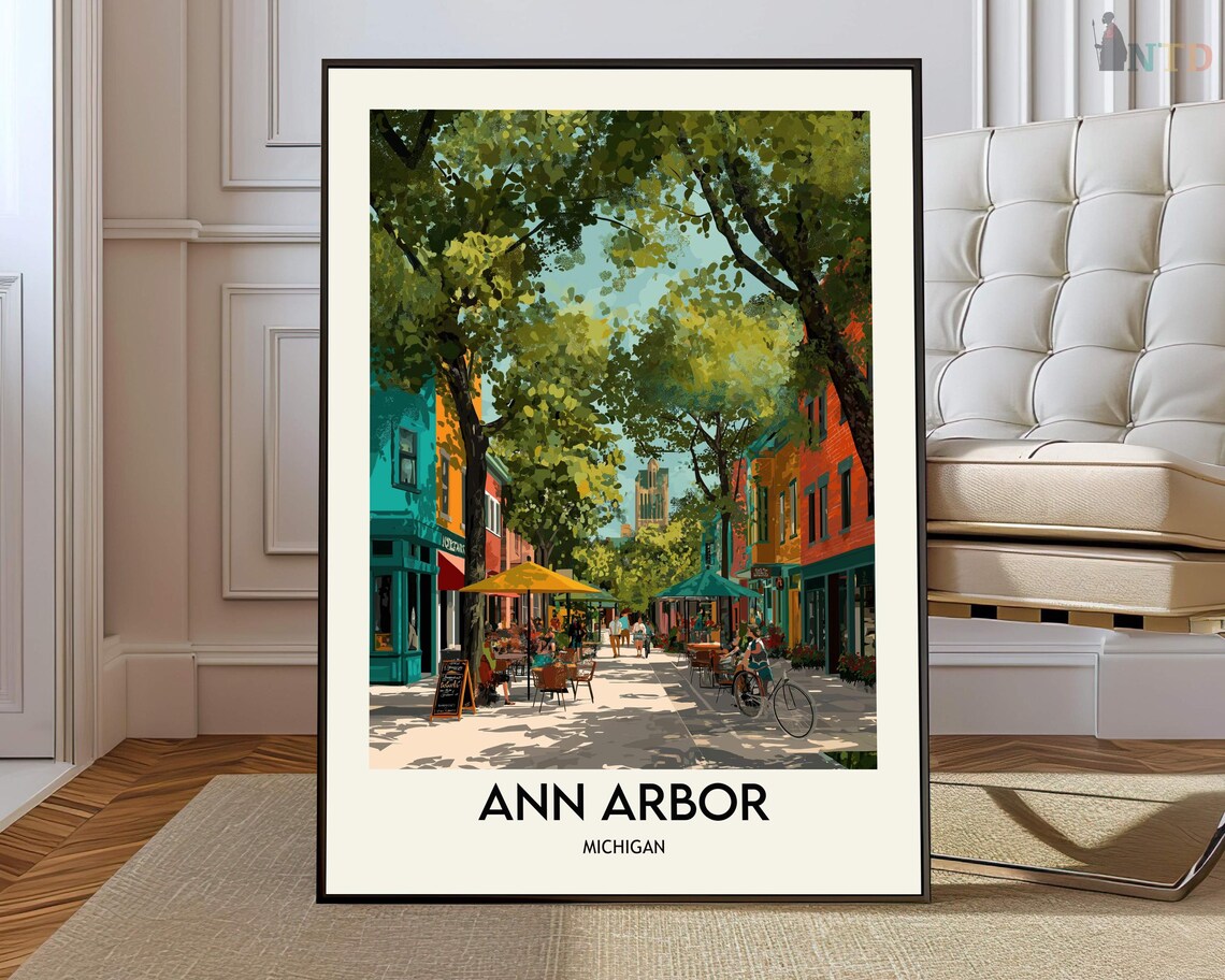 Ann Arbor Michigan Tree Lined Street Cafe Illustration Travel Poster