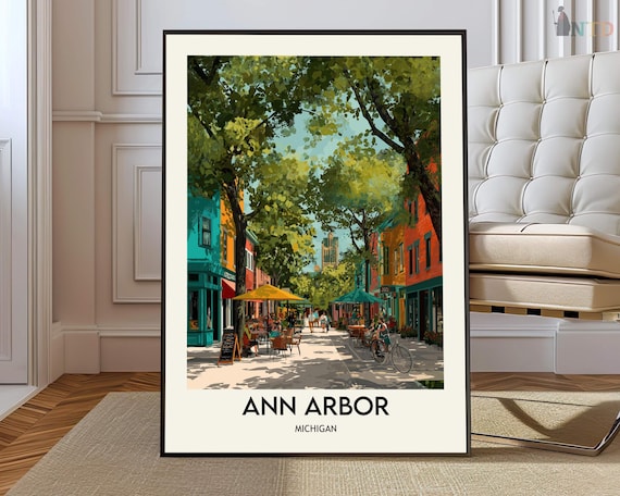 Ann Arbor Michigan Tree Lined Street Cafe Illustration Travel Poster