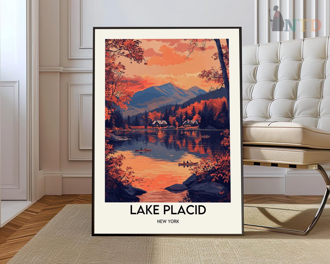 Lake Placid New York Autumn Sunset Canoes Adirondacks Poster
