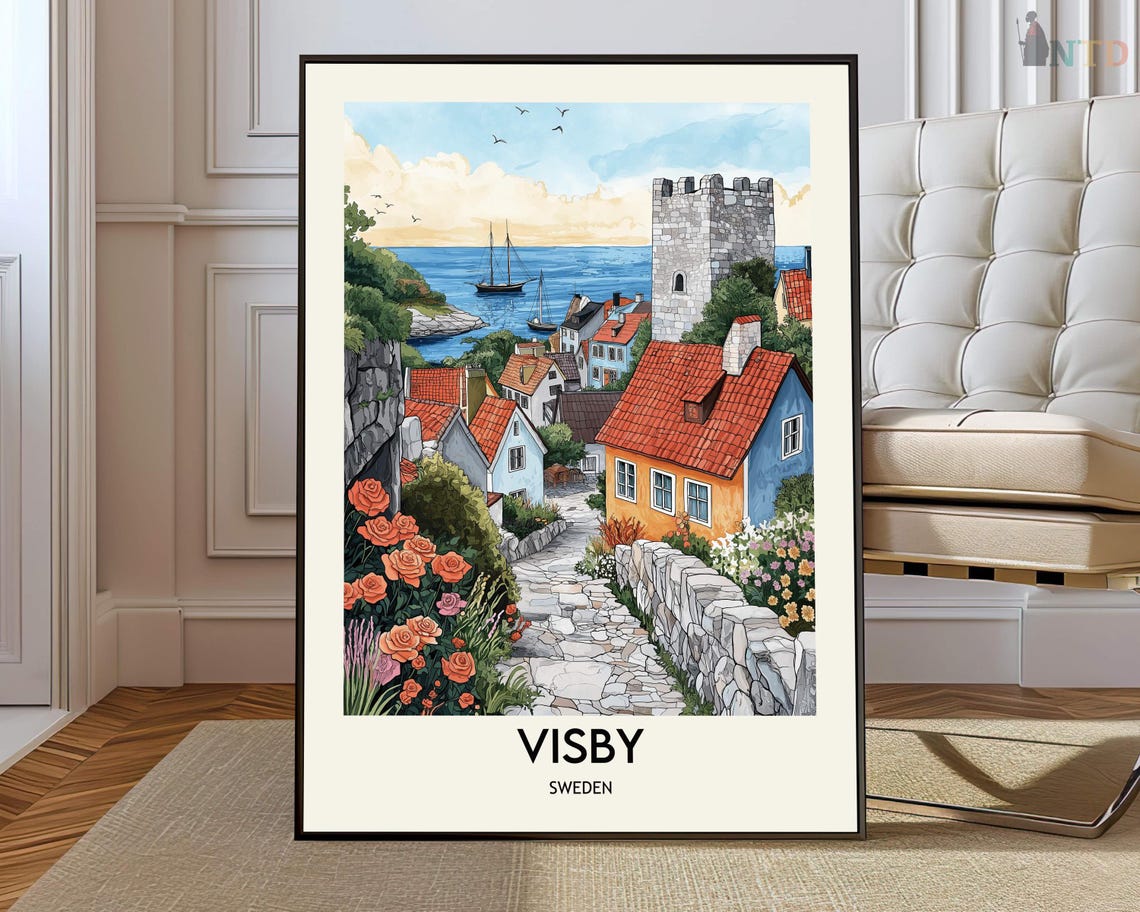 Visby Sweden Old Town Harbor Colorful Illustrated Travel Print