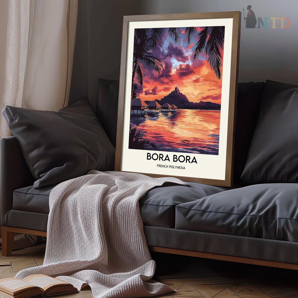 Bora Bora French Polynesia Purple Dusk Palm Framed Lagoon Poster - Image 3