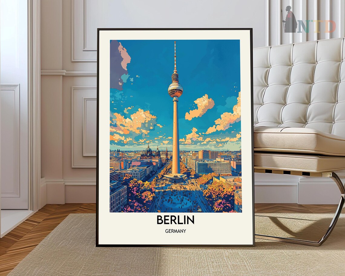 Berlin TV Tower Alexanderplatz City Skyline Vintage Travel Poster