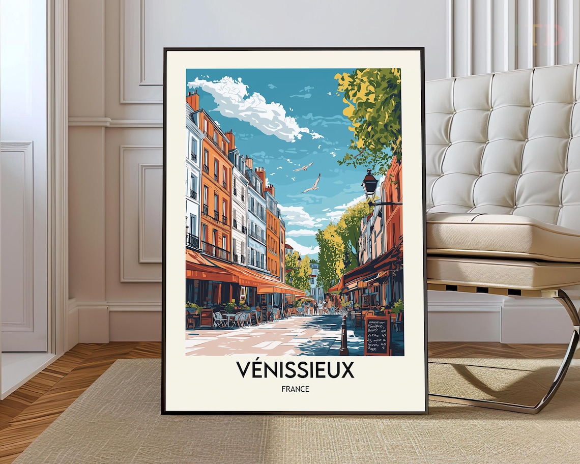 Venissieux France Colorful Apartment Street Cafe Scene Travel Poster