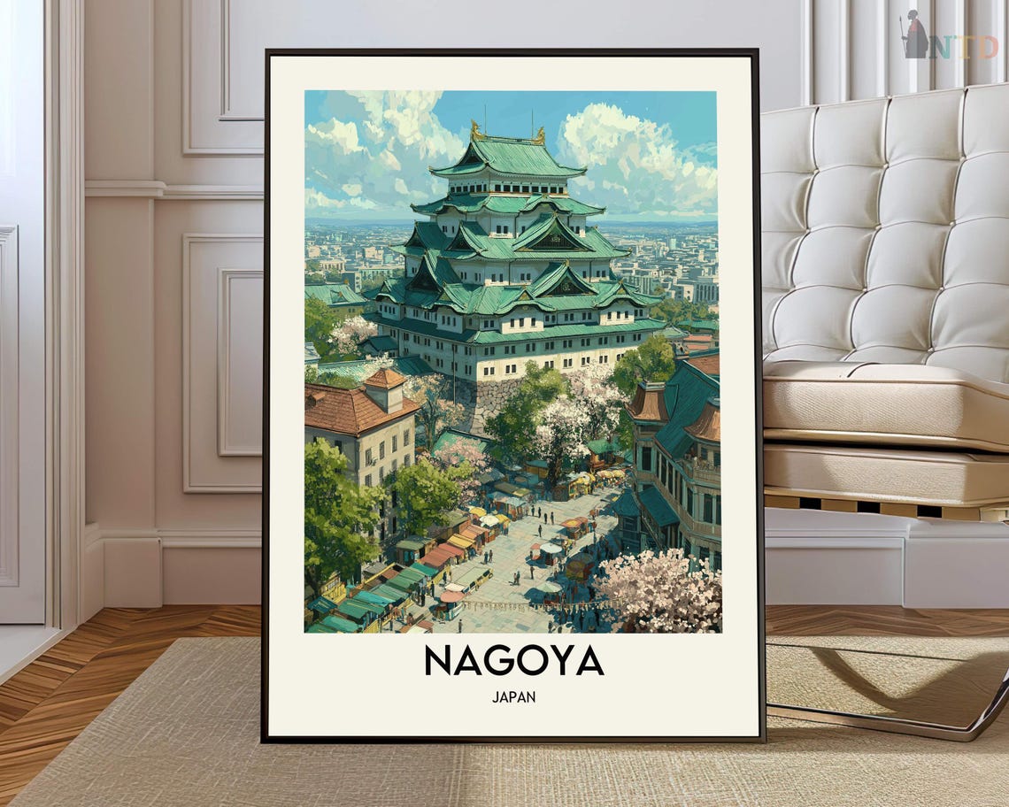 Nagoya Japan Castle Cherry Blossom Illustrated Travel Poster