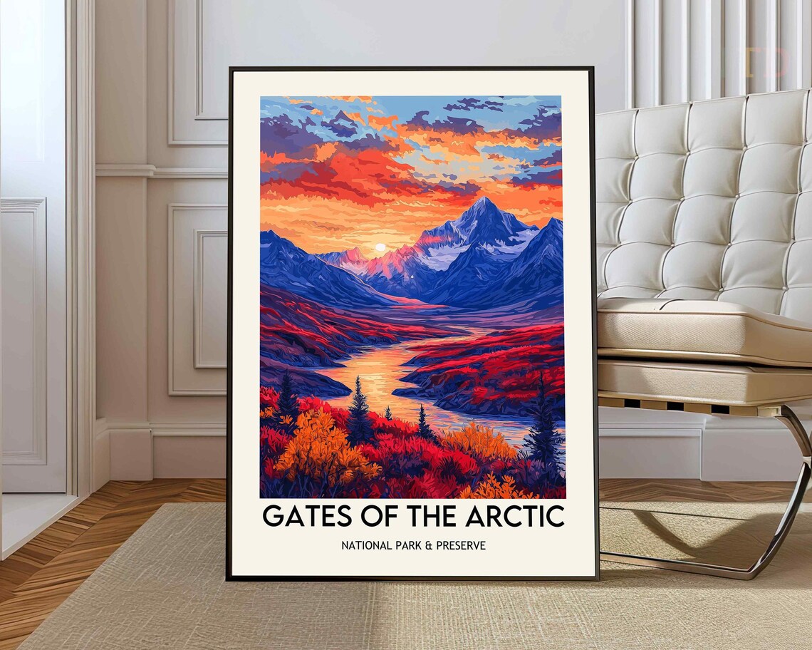 Gates Of The Arctic Red Sunset Mountain River Alaska Travel Poster