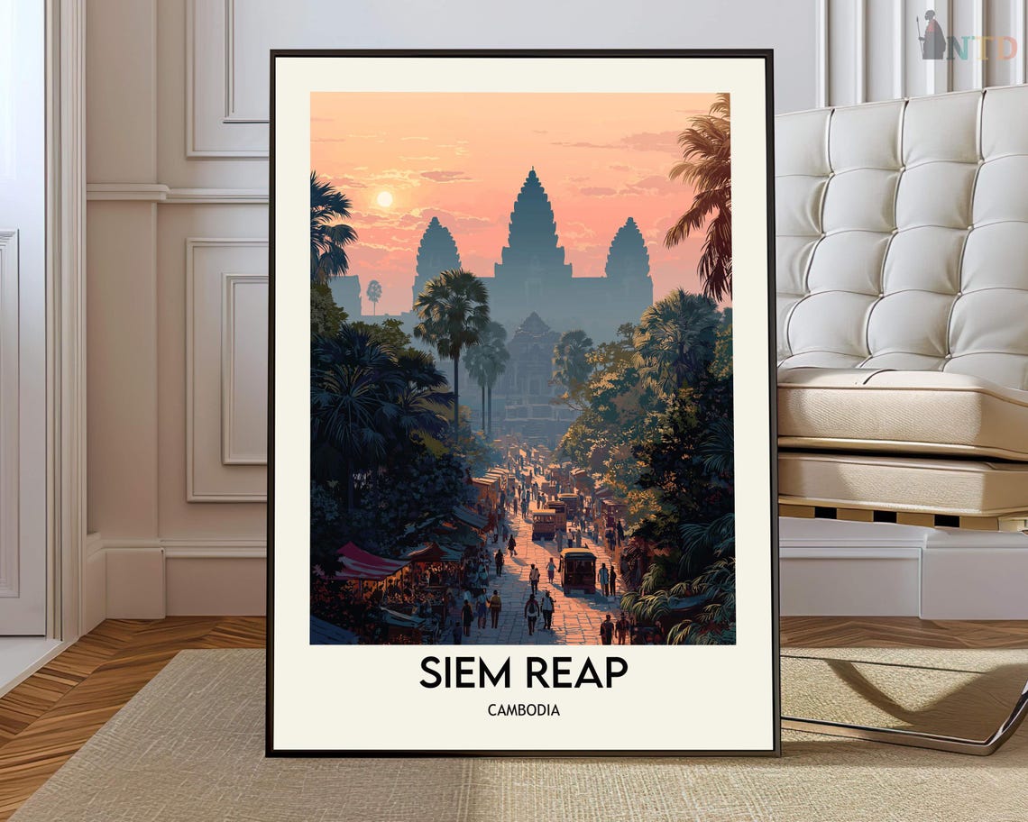 Angkor Wat Glowing At Sunset Above Siem Reap Market Street Poster