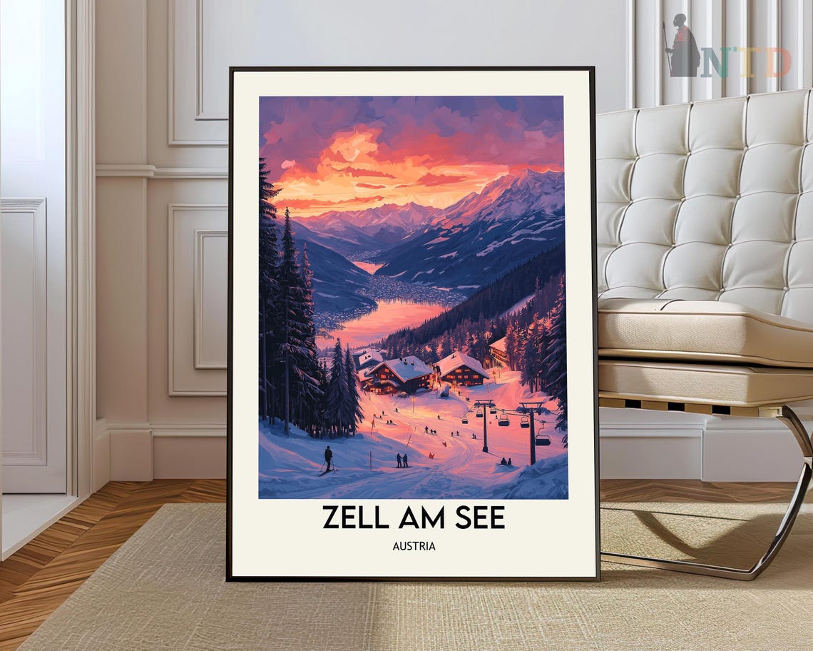 Zell Am See Austria Sunset Ski Resort Winter Illustration Poster
