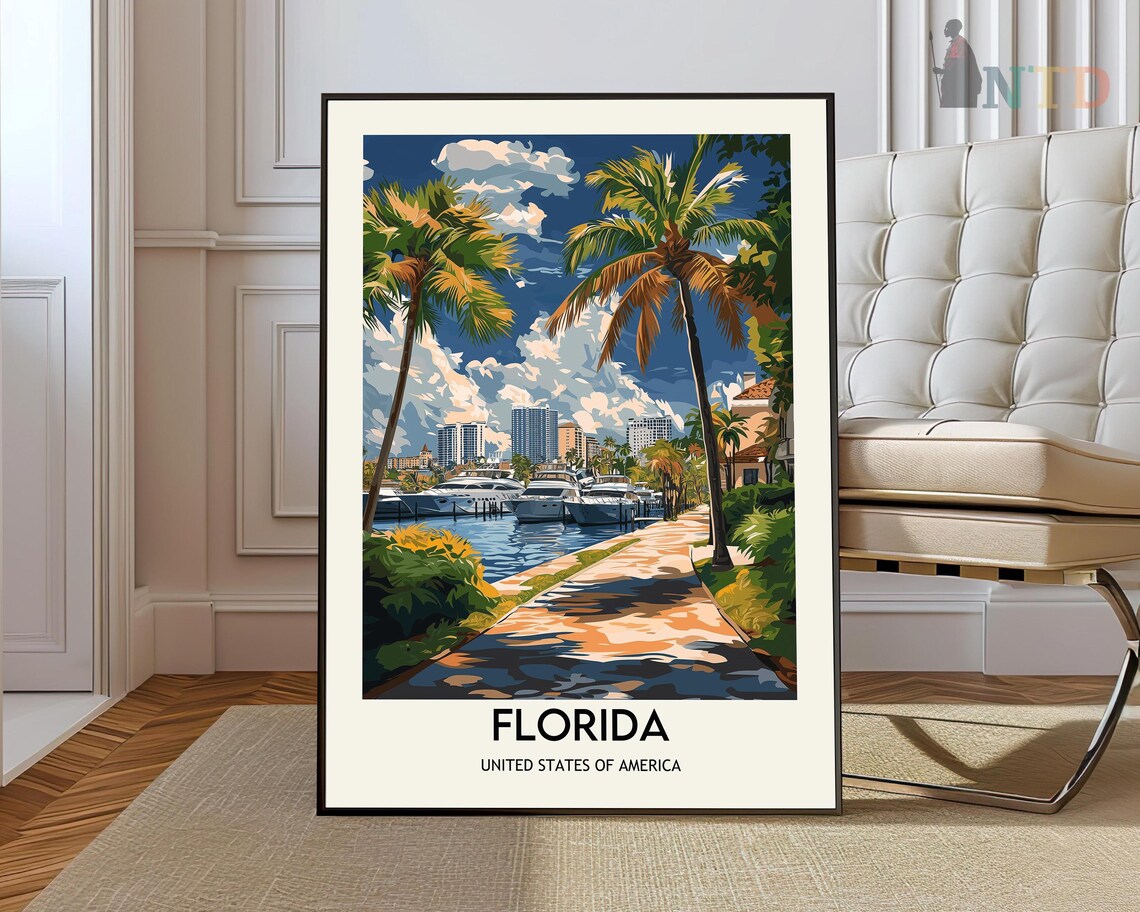 Florida Sunset Marina With Palm Trees And Docked Yachts Poster