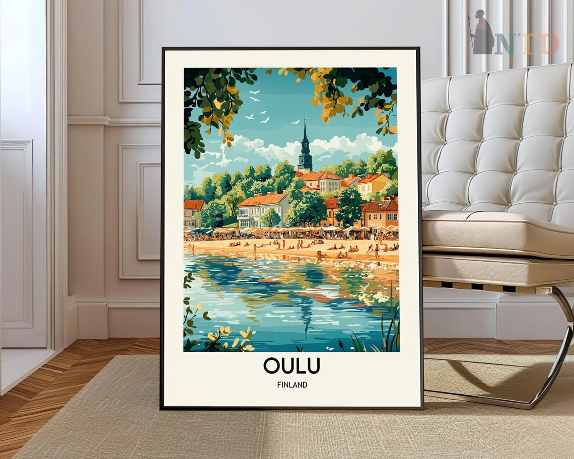 Oulu Finland Summer Beach Waterfront and Church Spire Town Poster