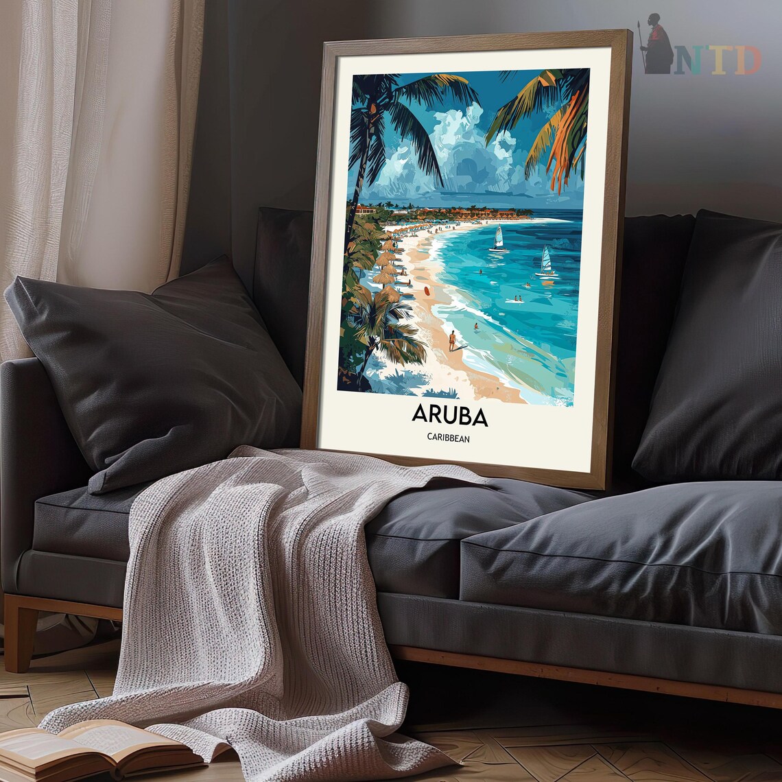 Aruba Caribbean Beach Sailboats and Beach Huts Tropical Travel Poster - Image 3