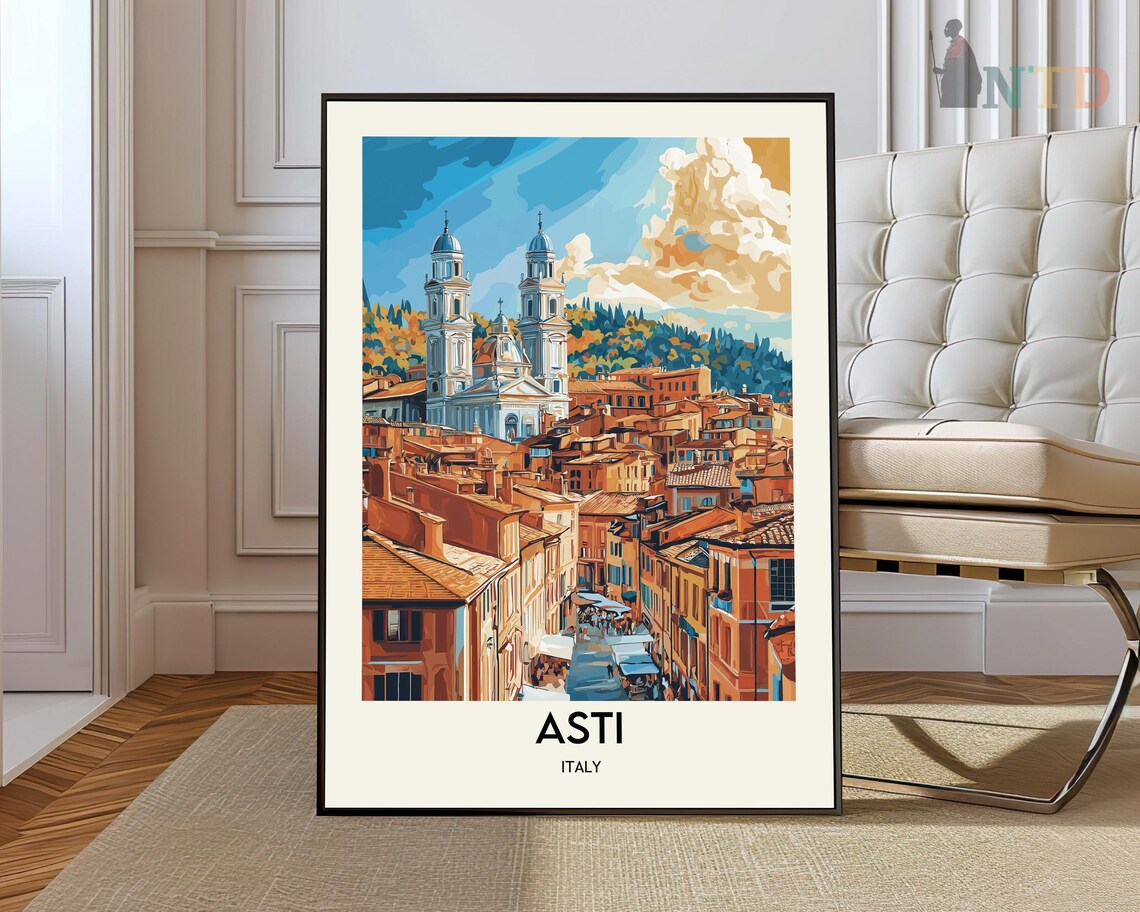 Asti Italy Twin Church Towers Street Market Vintage Travel Poster