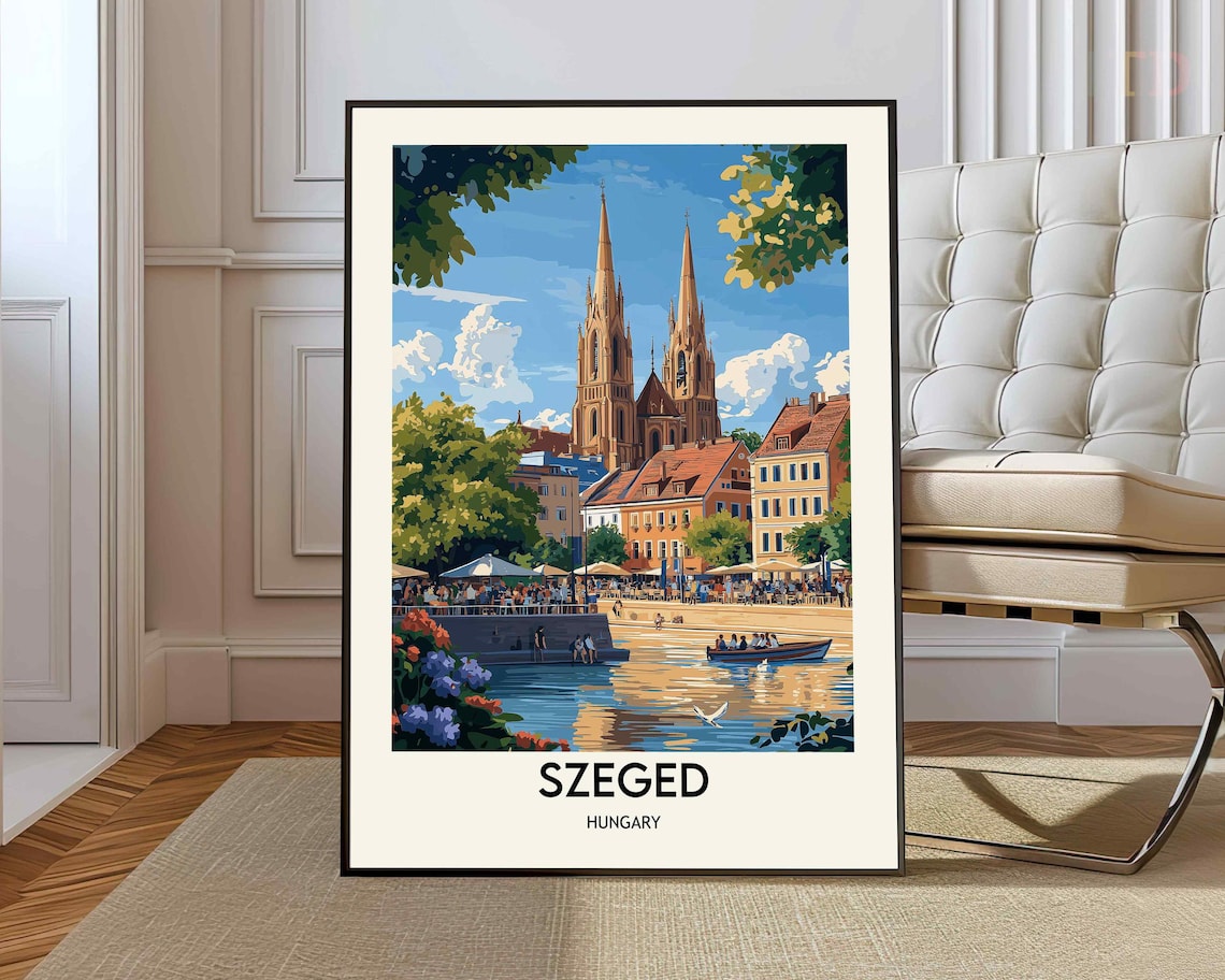 Szeged Hungary Twin Spire Cathedral Riverside Vintage Travel Poster